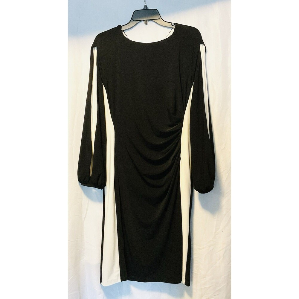 Ralph Lauren Women's Color-Blocked Jersey Dress Slit Sleeve Size 12, Black/White